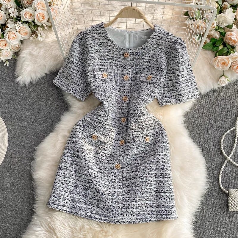 VÁY DẠ TWEED TAY NGẮN MẶC THU ĐÔNG - VÁY DẠ NGẮN TAY