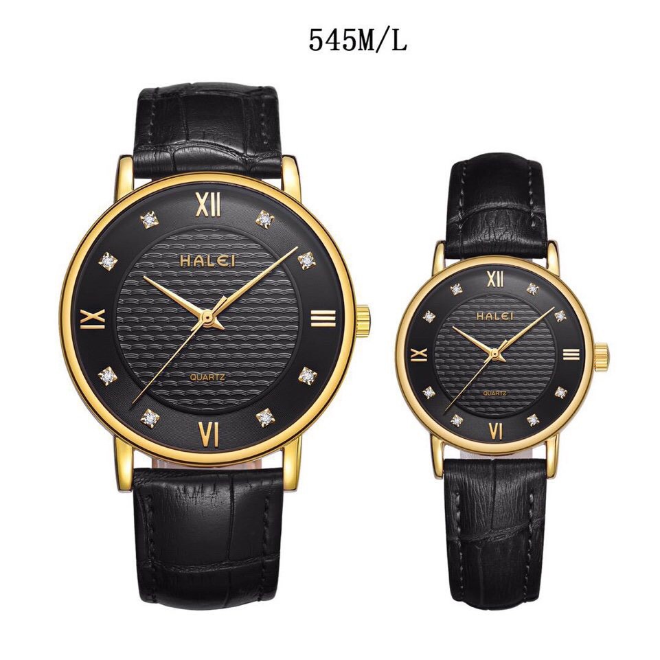 [Giá 1 Cặp] Cặp Đồng hồ đôi Halei máy Nhật dây da cao cấp chống nước, chống xước HL545 đen thumbnail
