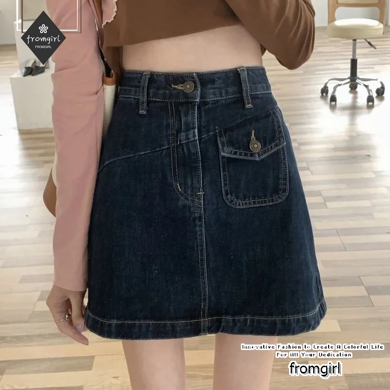 Chân váy jeans dáng chữ A lưng cao kiểu dáng thời trang mùa xuân phong cách retro dành cho nữ 2021