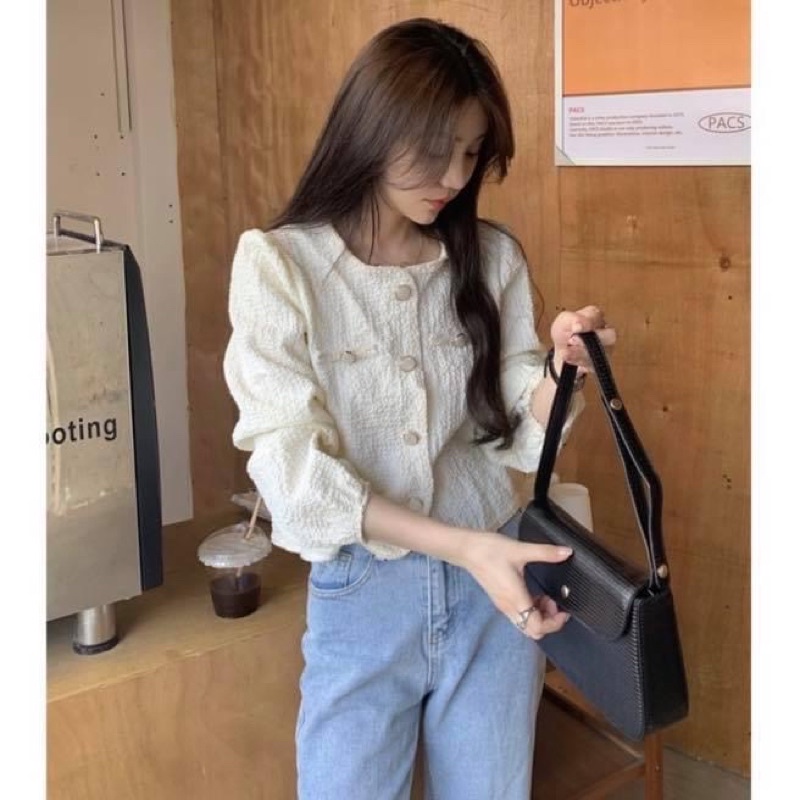 Áo khoác tweed kiểu nữ tay dài dày dặn cao cấp trắng cổ vuông - Order taobao quảng châu