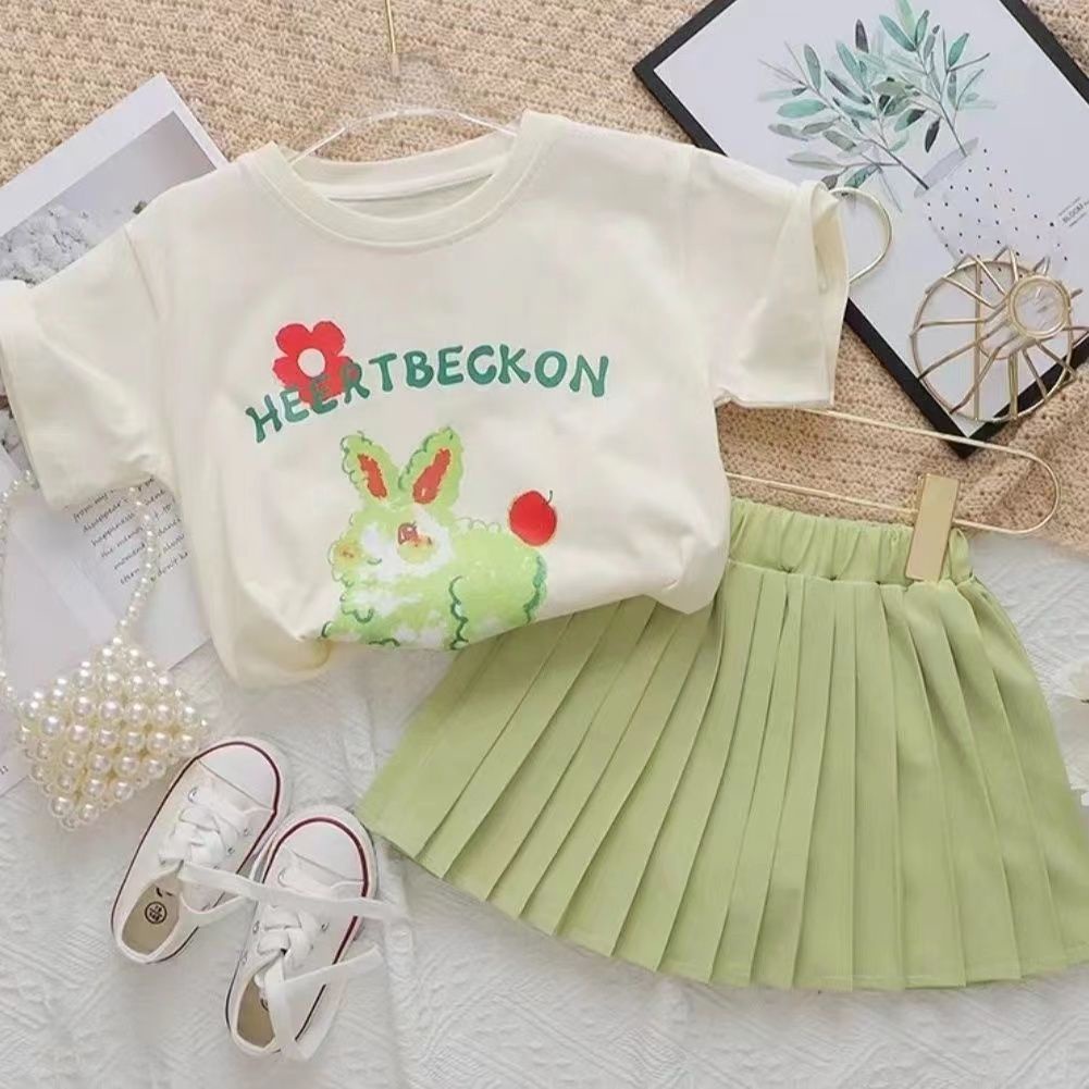 Girls' summer suit short sleeved children's 2022 new Korean women's treasure pleated skirt little girl's foreign style two-piece set fashion