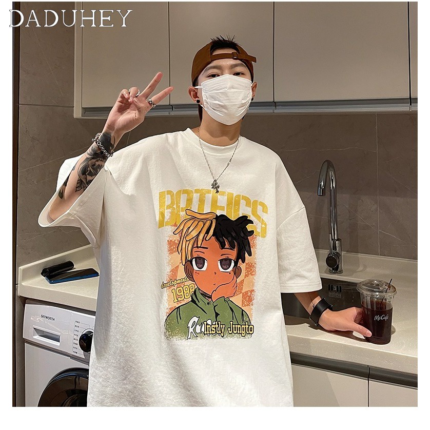 DaDuHey Men's Summer American Retro Fashion Brand Short Sleeve T-shirt Loose Hip Hop High Street Fashion Boys T-shirt