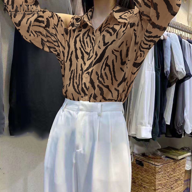 Áo ZANZEA tay dài họa tiết sọc ngựa vằn thời trang dành cho bạn nữ