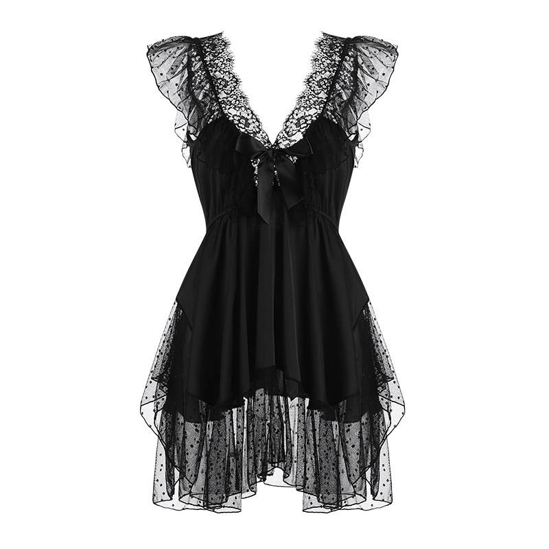 Đồ ngủ Hai Dây Phối Lưới Chấm Bi Hở Lưng Gợi Cảm Dễ Thương Cho Nữ