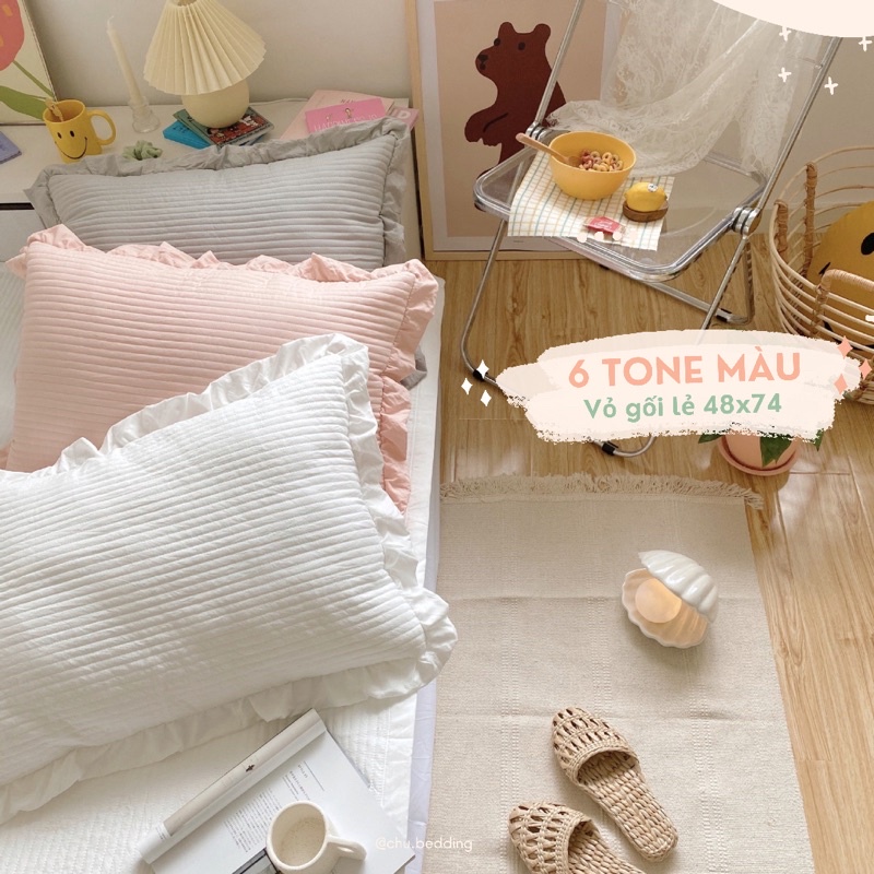 Vỏ gối lẻ chất Linen viền bèo chữ thêu