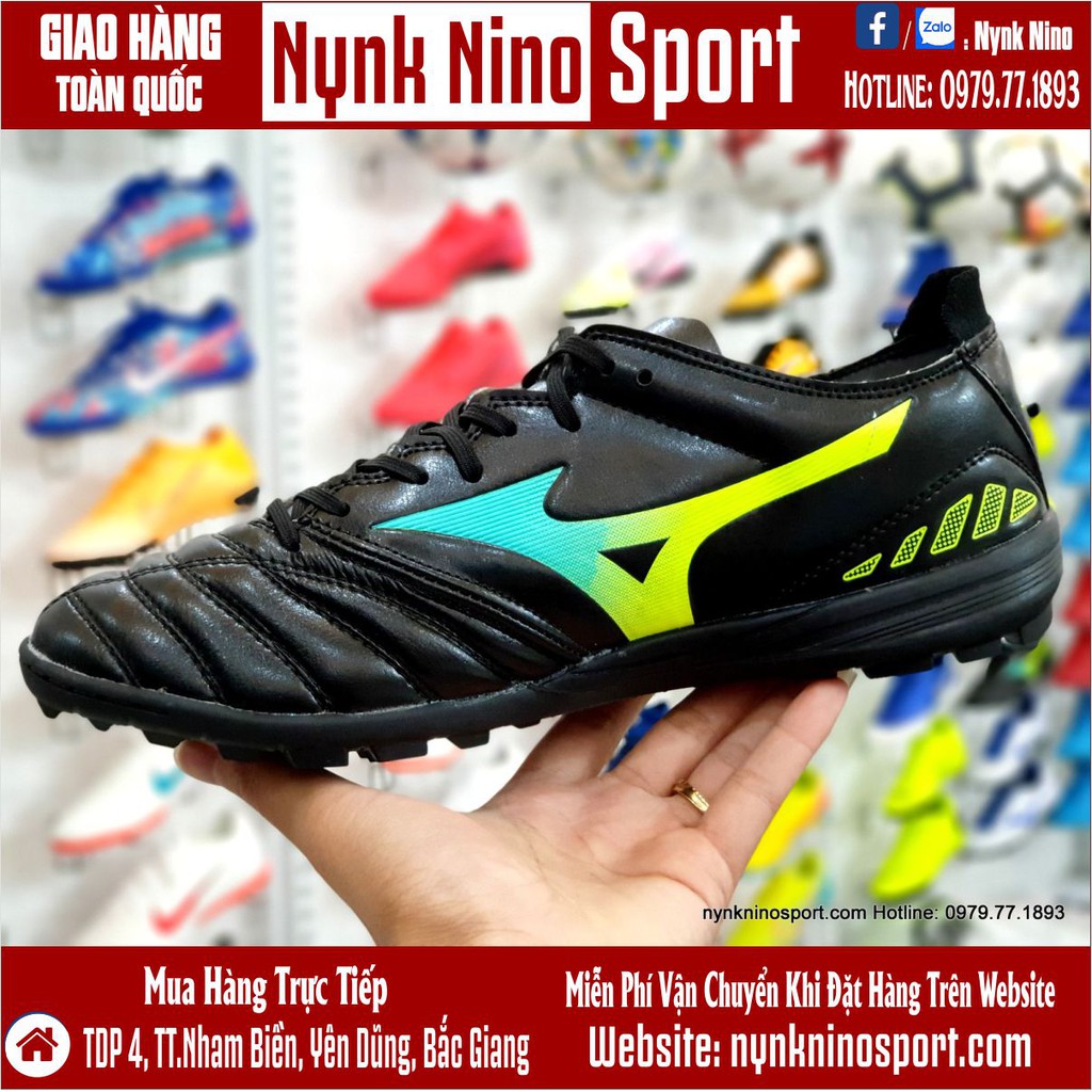 Giày Bóng Đá Mizuno Morelia Neo III Đen Vạch Vàng Xanh TF