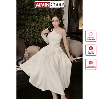 Đầm xoè kiểu tay dài lệch vai hoa eo sang trọng alvin store 1440
