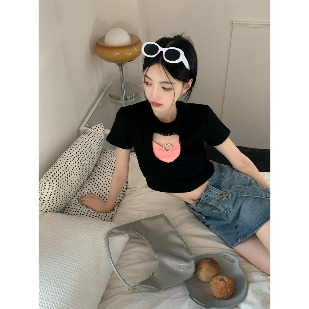 Áo Thun Crop Top Nữ Cổ Tròn Ngắn Tay Khoét Lỗ Hình Trái Tim Gợi Cảm Mùa Hè Mới