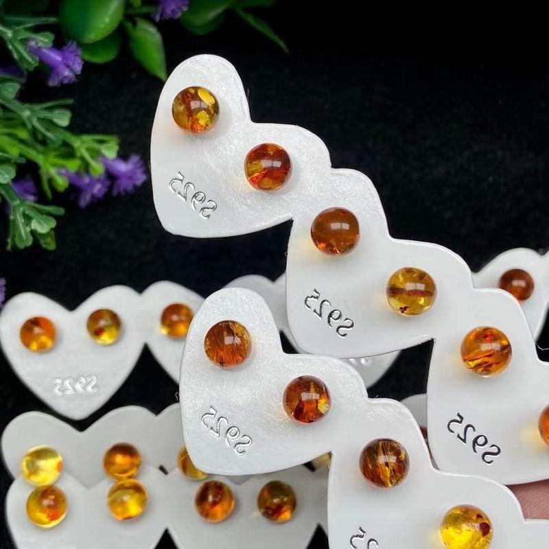 Khuyên Tai Tròn Bằng Bạc sterling Đính Đá Hổ Phách Tự Nhiên