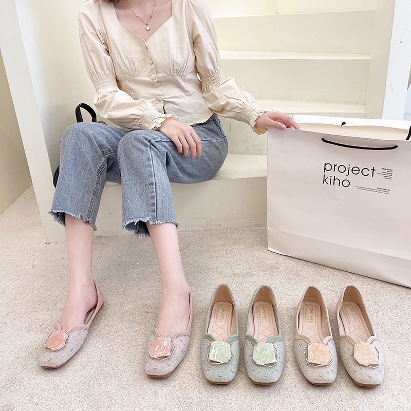 Giày Búp Bê Da Mềm Mũi Vuông Đính Đá Thời Trang Mùa Thu Dễ Phối Đồ Cho Nữ 2022