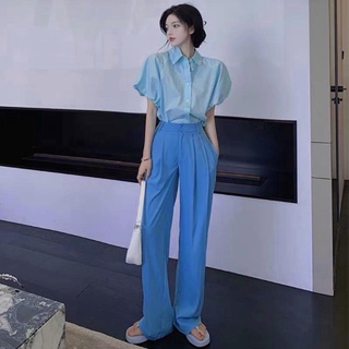 Set áo sơ mi ngắn tay & quần suông eclipse clothing phối màu xanh nhạt độc đáo thiết kế tôn dáng thanh lịch