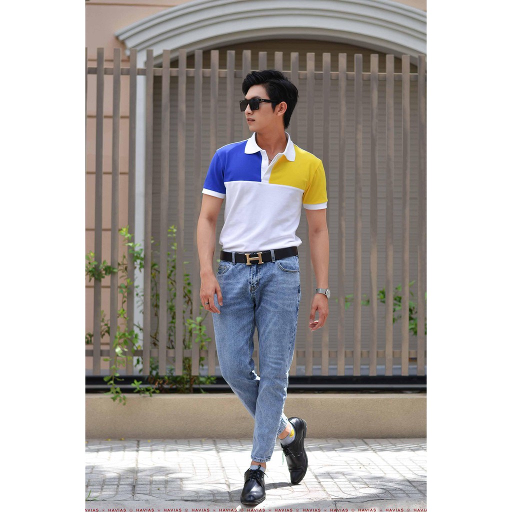 Premium Designed Polo Havias áo thun cổ V Xanh Navy kết hợp Vàng vải Cotton 100%