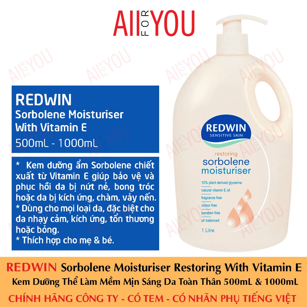 [TEM CTY] REDWIN Sorbolene Moisturiser With Vitamin E 500mL & 1L - Kem Dưỡng Thể Làm Mềm Mịn Sáng Da Toàn Thân. | BigBuy360 - bigbuy360.vn