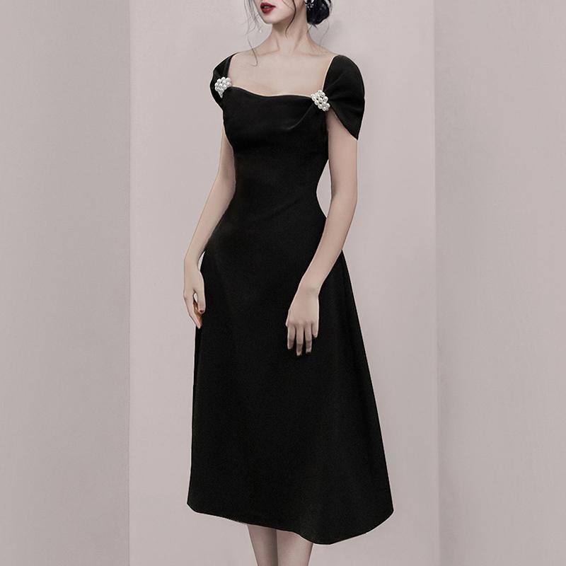 Pháp Hepburn phong cách váy phụ nữ thường có thể mặc CV tính khí bữa tiệc sinh nhật màu đen lớn đầm mùa hè
