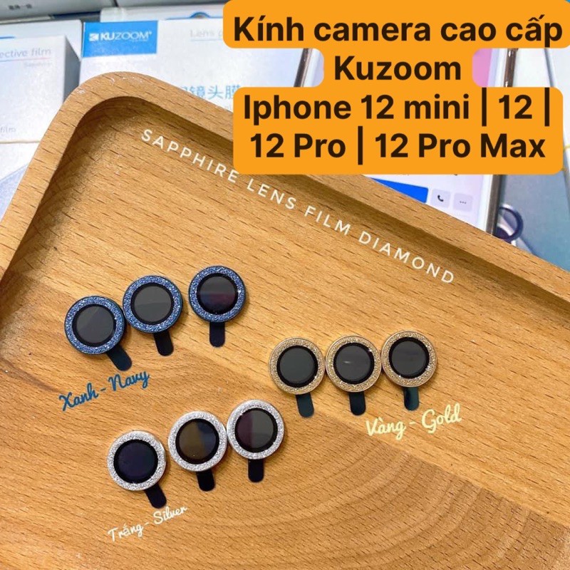 [Kim Cương Vàng Xanh Nhũ] Iphone 11 /12 Mini/ 12/ 12 Pro max [Bộ 3 mắt] Dán từng mắt camera chống trầy Kuzoom Bảo vệ cam