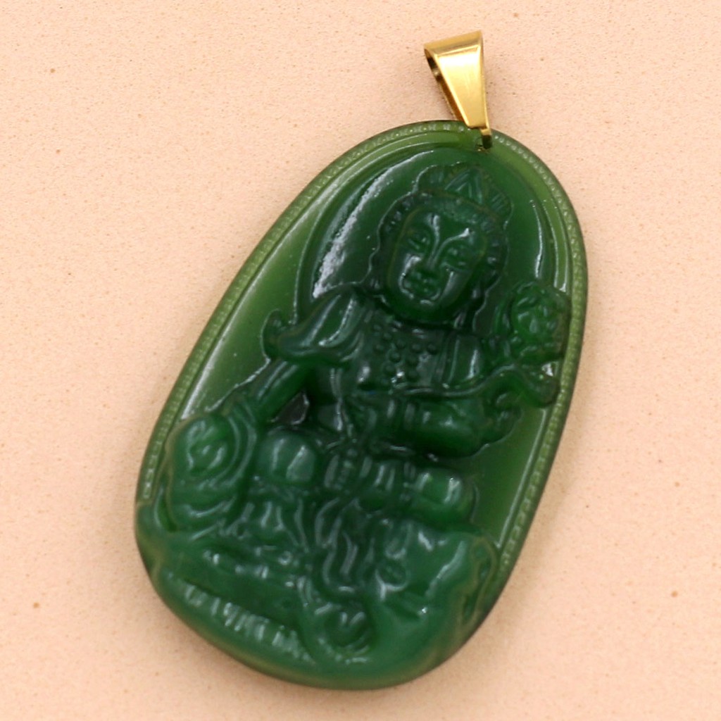 Mặt dây chuyền Phổ Hiền Bồ Tát đá tự nhiên xanh 3.6cm - Phật bản mệnh tuổi Thìn, Tỵ - Mặt size nhỏ - Tặng kèm móc inox
