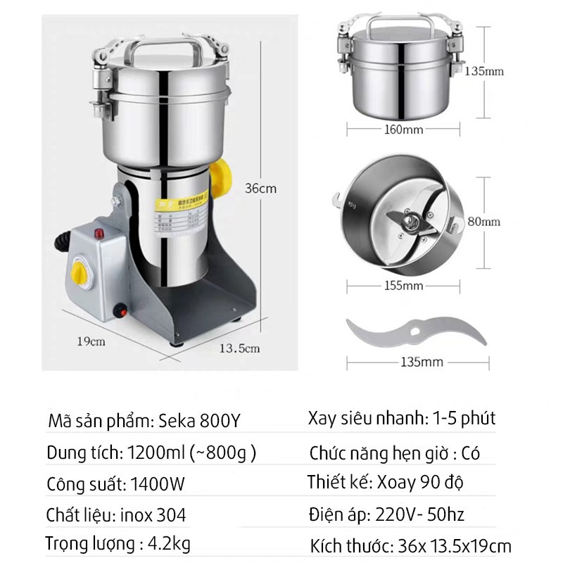 Máy Xay Bột Khô Đa Năng  Máy Xay Ngũ Seka 800y Xay Gạo Ngũ Cố Gia Vị Siêu Mịn Tặng Kèm Rây Lọc Chổi Quét Bột V125V