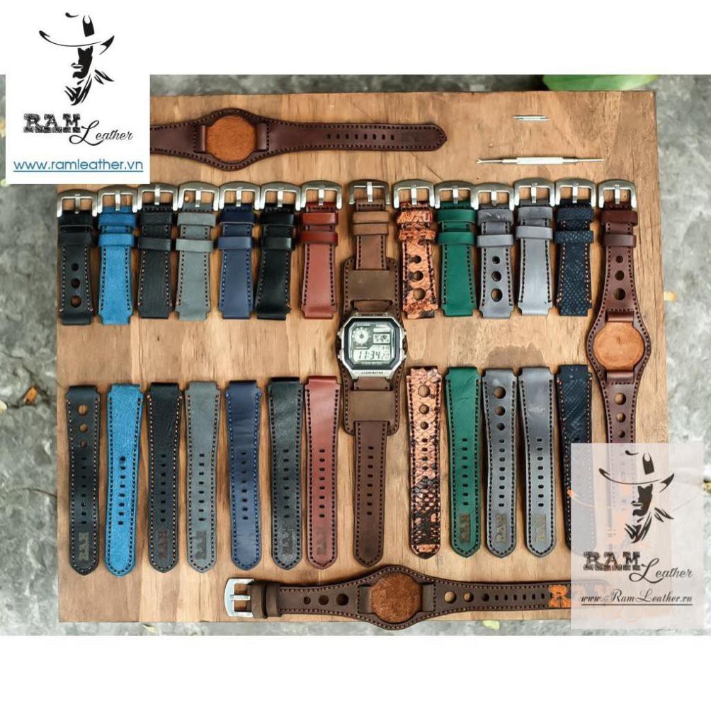 DÂY ĐỒNG HỒ DA BÒ RẰN RI QUÂN ĐỘI CHO CASIO AE 1200 WHD / SEIKO 5/ ORIENT SK - CHÍNH HÃNG RAM LEATHER . *