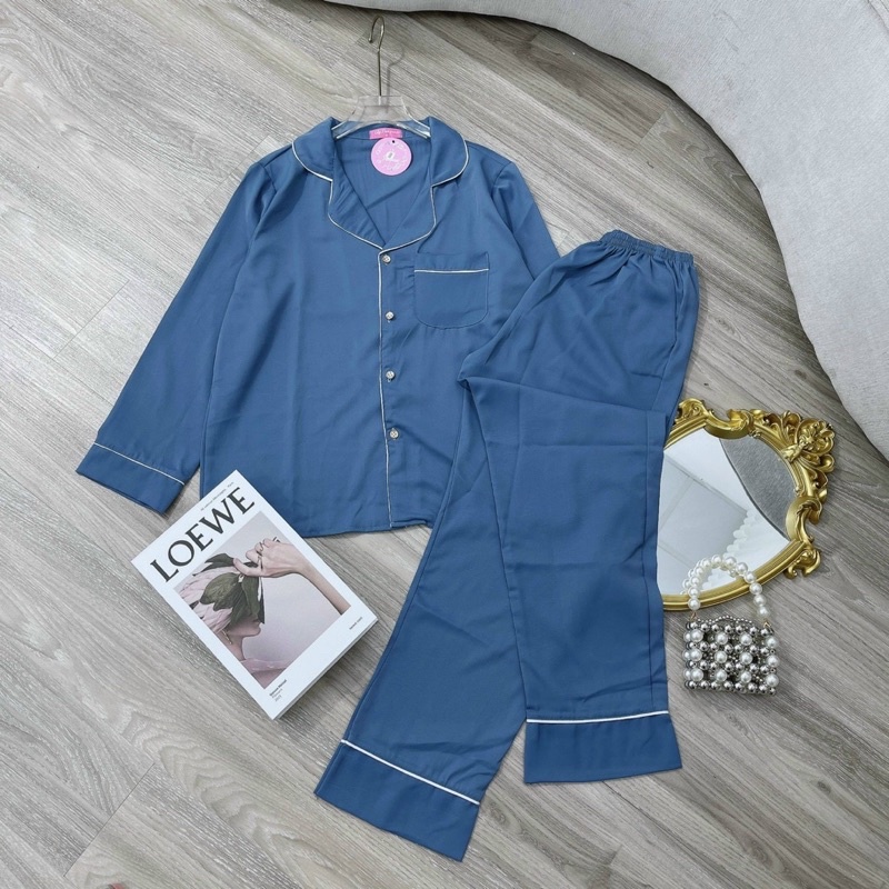 Bộ pijama lụa trơn áo dài quần dài mặc nhà xinh