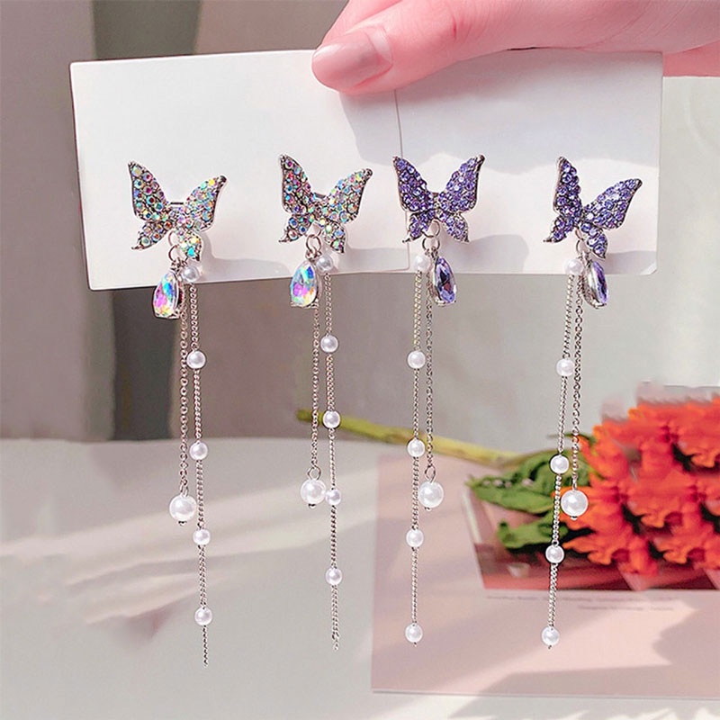 Bông Tai Thời Trang Kiểu Dây Xích Phối Mặt Hình Bướm Có Đính Ngọc Trai Đầy Độc Đáo