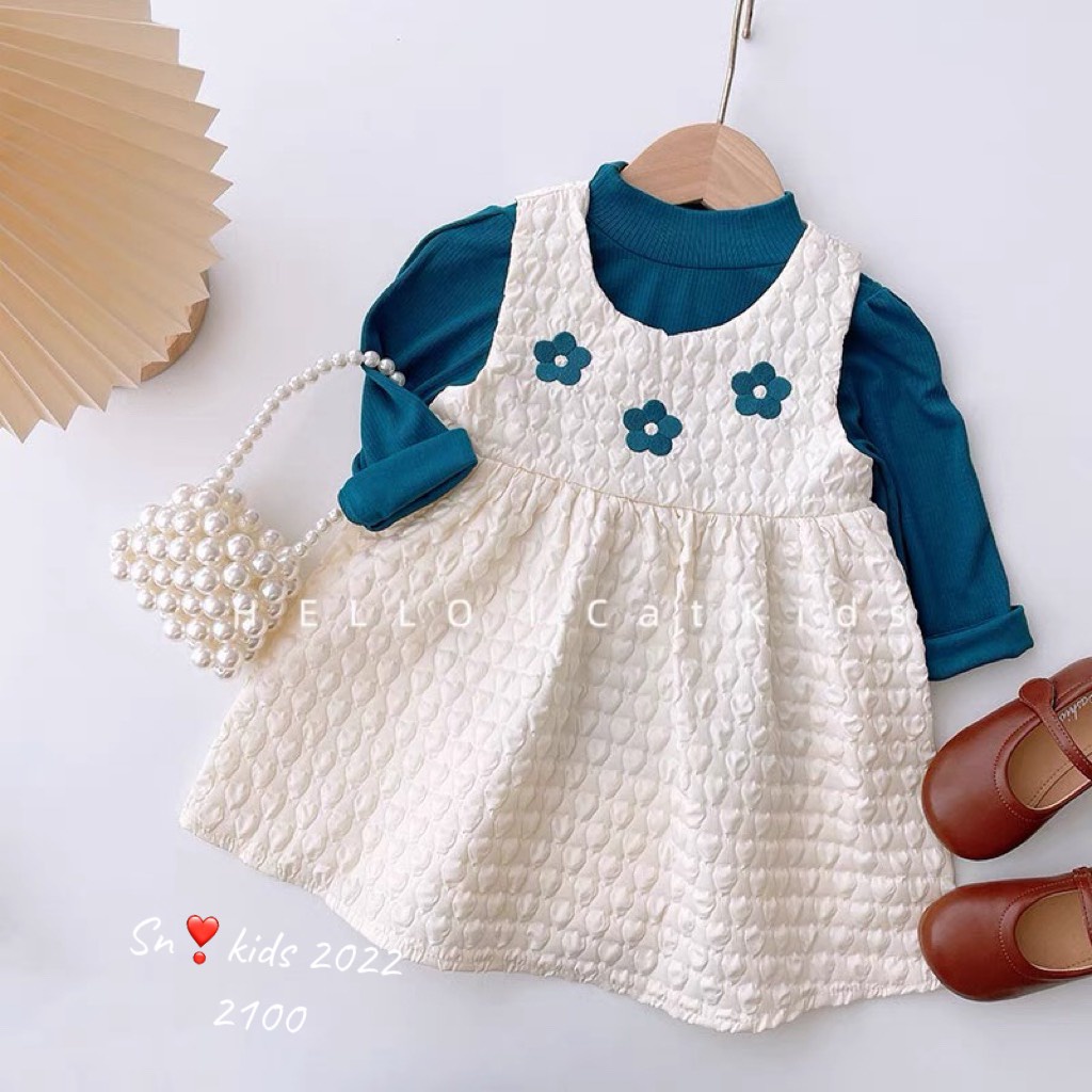 Váy thu đông cho bé gái, set váy xốp thêu 3 bông hoa kèm áo zip xanh chất siêu đẹp cho bé