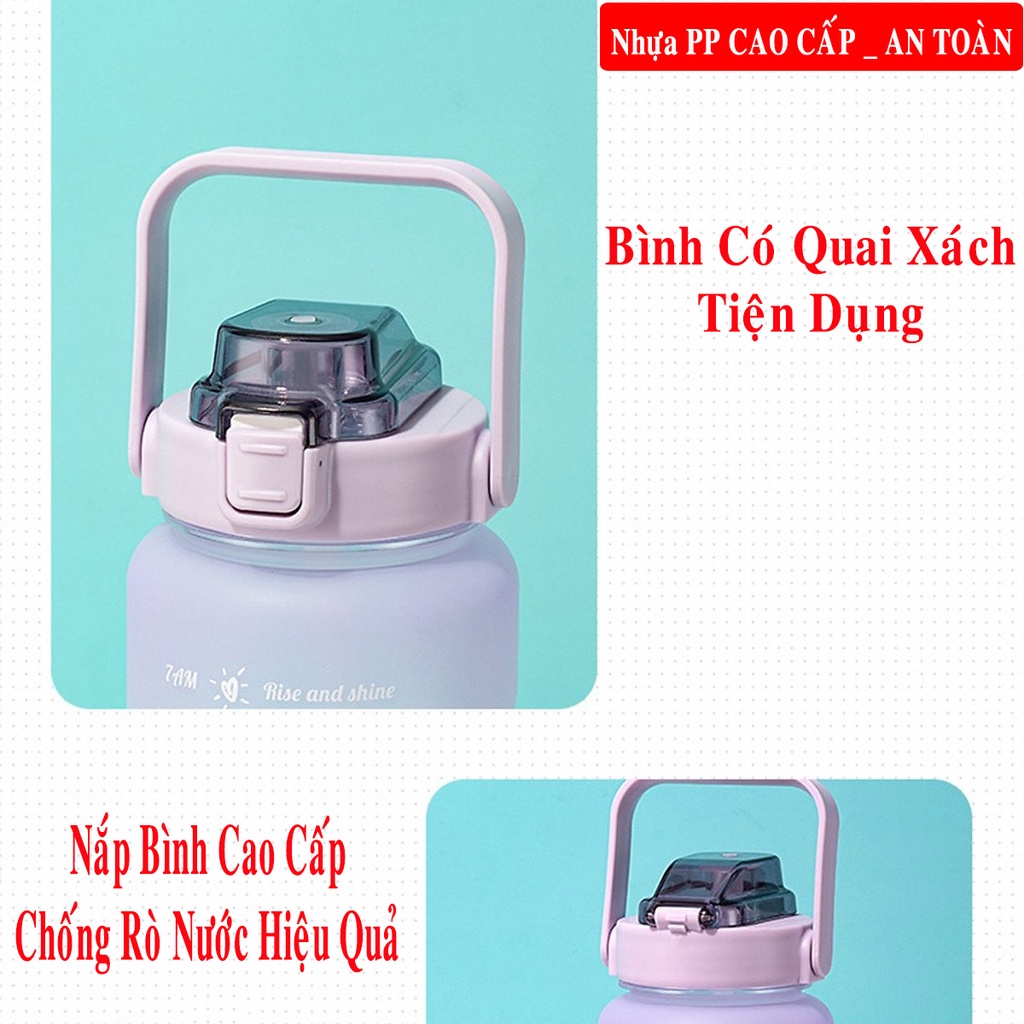 Bình Đựng Nước Dung Tích 2 Lít Có Vạch Báo Giờ Uống Nước Cho Người Lười - Tặng Kèm Ống Hút Và Bộ Sticker