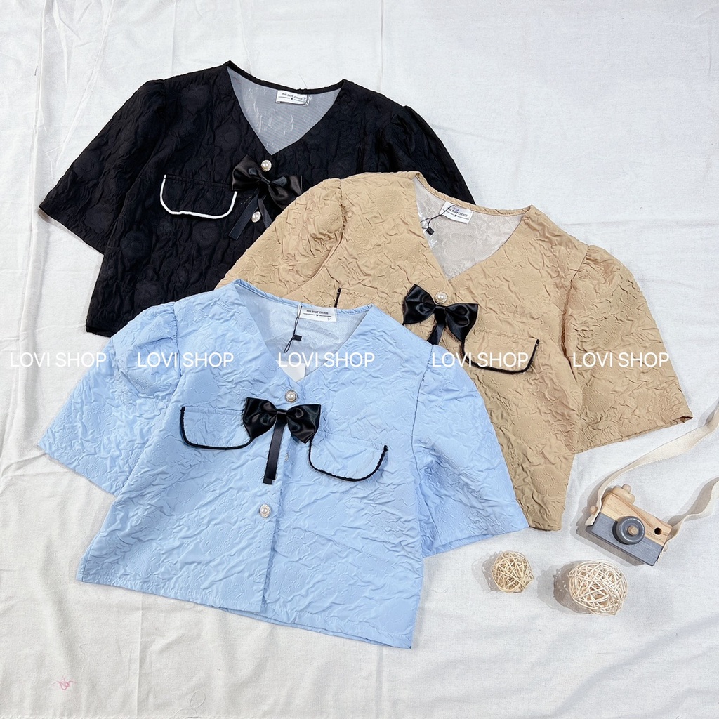 LOVI SHOP Áo croptop sơ mi xốp tay phồng ngắn phối nơ dịu dàng nữ tính mùa hè 2022