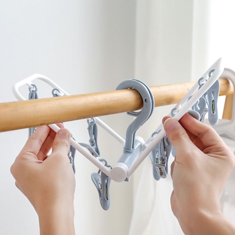 Móc treo quần áo gấp gọn 12 kẹp đa năng, móc treo tã lót, tất, đồ sơ sinh cho gia đình