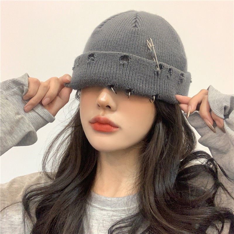 Nón Len Rách Đính Khuyên phong cách Unisex - Mũ Len Đính Khuyên Distressed - L09