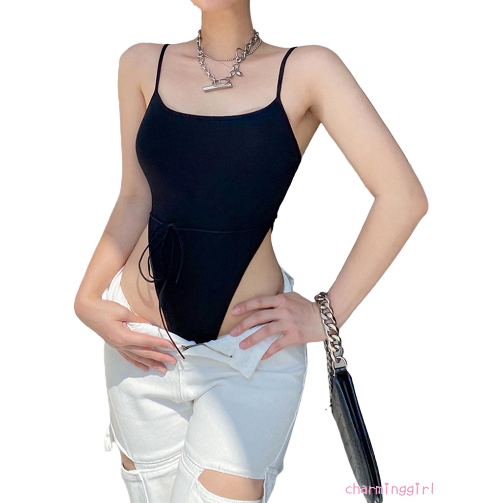 Áo liền quần không tay cổ chữ U màu trơn đơn giản quyến rũ cho nữ