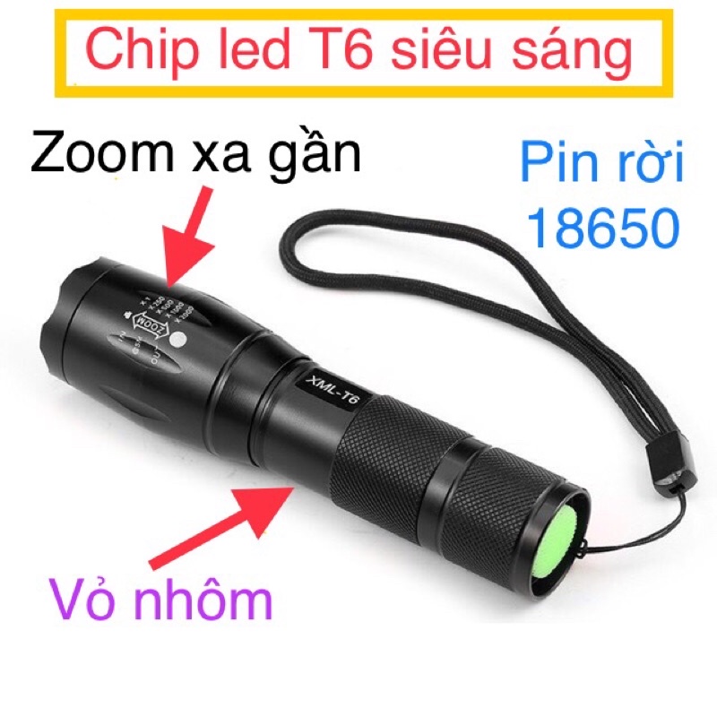 ✅Đèn pin T6 cao cấp siêu sáng,chống nước, bằng hợp kim dùng pin 18650 hoặc 3 pin AAA