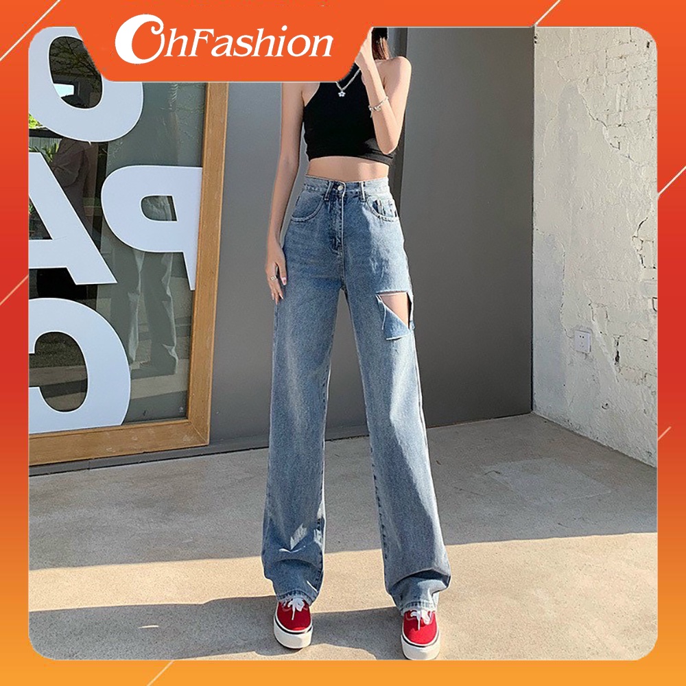 Quần Jean Nữ Ống Suông Rách Gối Siêu Chất Màu Xanh Denim Form Hack Dáng OHS3911