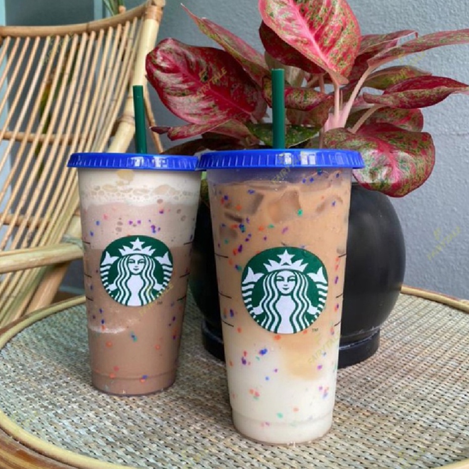 Ly starbucks Nhựa Thể Tái sử dụng Đổi màu Confetti Cốc lạnh Ống hút cầu vồng có nắp