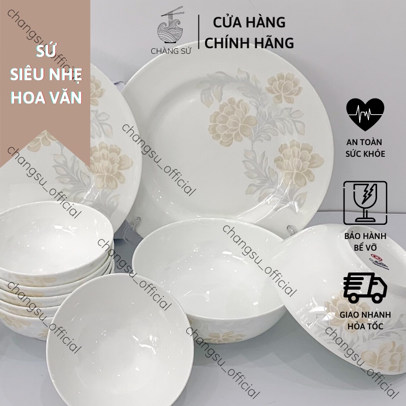 Set bát dĩa 12 món sứ xương hoa văn bắc âu cổ điển - Sứ xương siêu nhẹ Minh Châu
