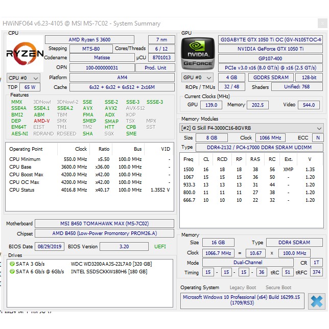 Case máy tính Ryzen 5 3600/ B450 TOMAHAWK MAX/ 16G/ GTX 1050Ti