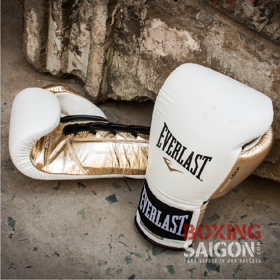 Găng tay Boxing Everlast Powerlock cột dây - Trắng