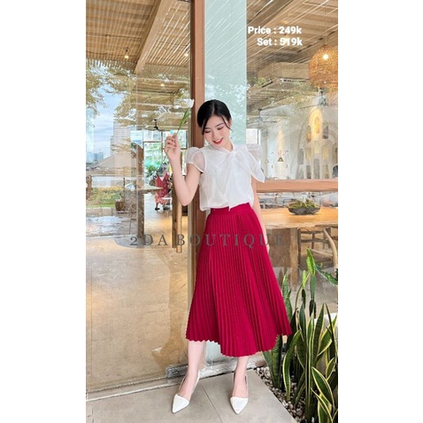 Chân Váy Xếp Li Midi Vintage 2 Lớp Màu Đỏ Đô