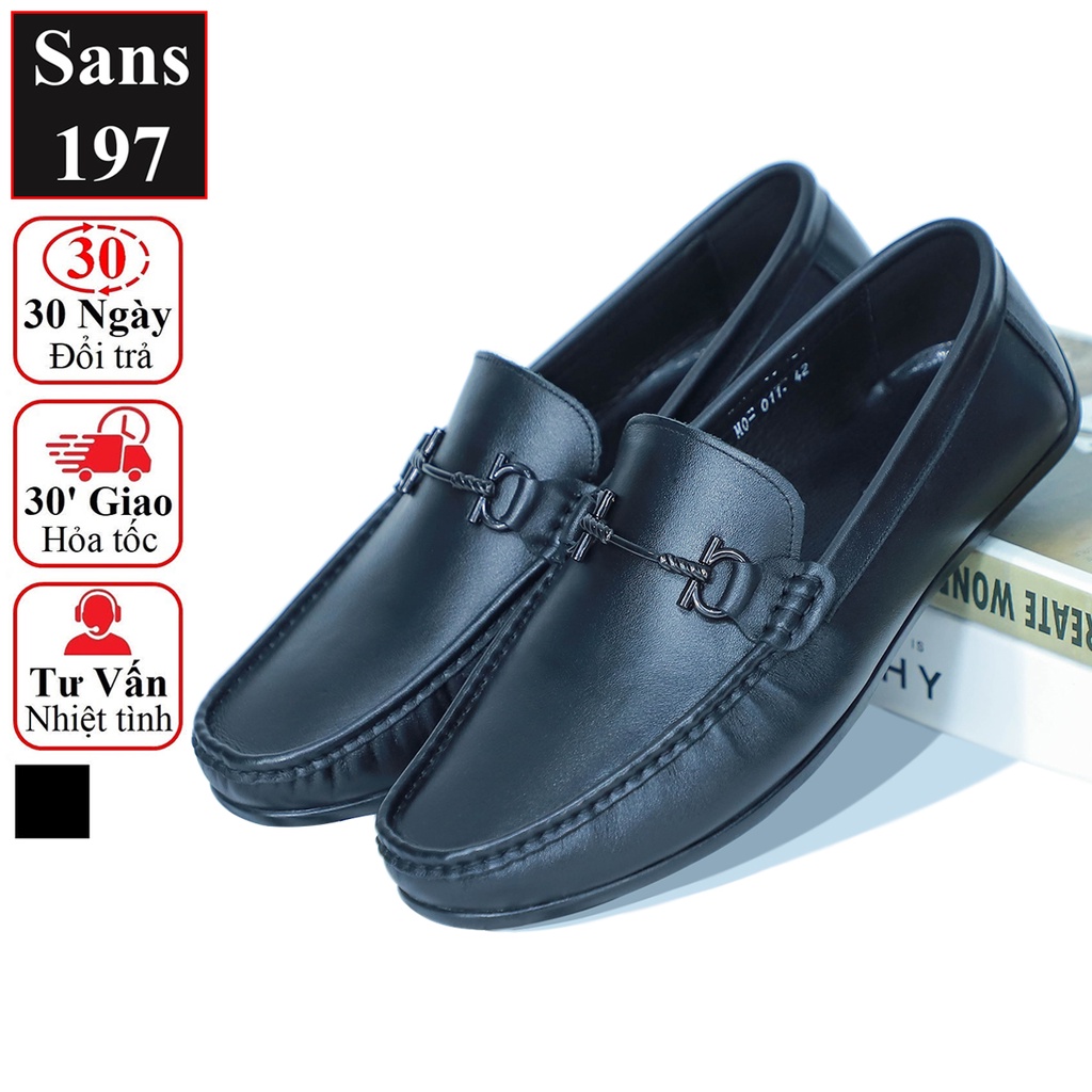 Giày mọi nam da bò Sans197 mũi vuông mềm trơn đế bệt giầy lười moca đen đẹp cao cấp thời trang công sở hàn quốc