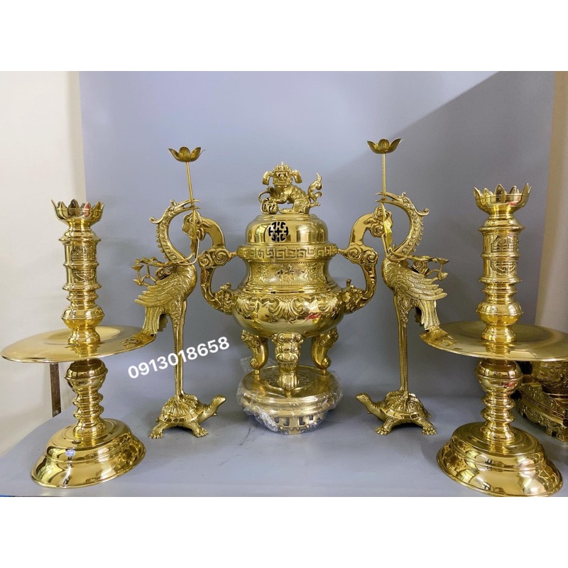 Bộ đỉnh thờ lư thờ tam sự ngũ sự họa tiết hoa sòi cao 60cm đỉnh sòi bộ đỉnh thờ đồ thờ bằng đồng