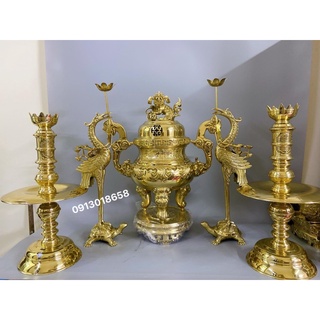 Bộ đỉnh thờ lư thờ tam sự ngũ sự họa tiết hoa sòi cao 60cm đỉnh sòi bộ đỉnh thờ đồ thờ bằng đồng