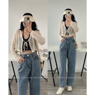 Set áo thun hoa nhí cổ yếm dáng croptop kèm áo khoác lưới the.sweaterweather TSW (ảnh thật)
