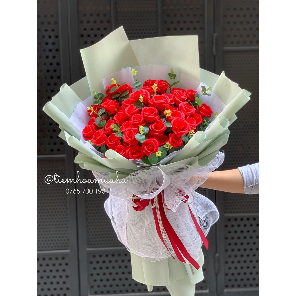 [Quà tặng - now ship] Bó hoa sáp cao cấp 50 bông phối giấy cao cấp quà tặng sinh nhật, valentine khai trương siêu sang