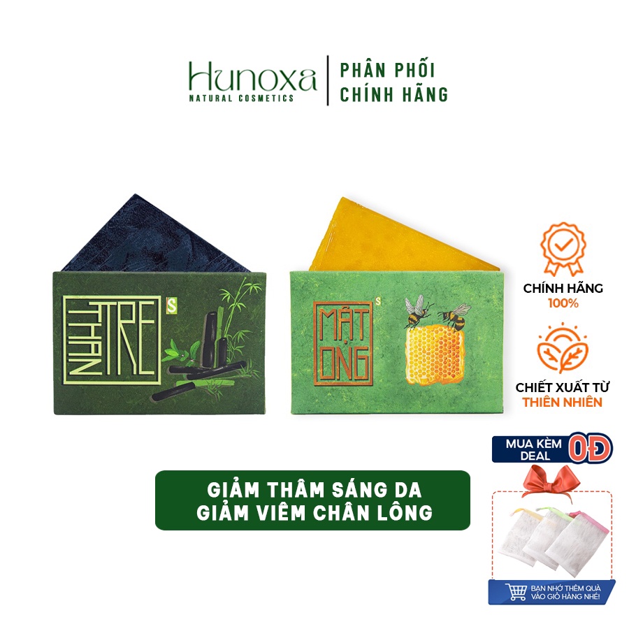 Combo 2 bánh xà bông mật ong + than tre giúp giảm mụn mờ thâm mỗi bánh 100gr - HUNOXA