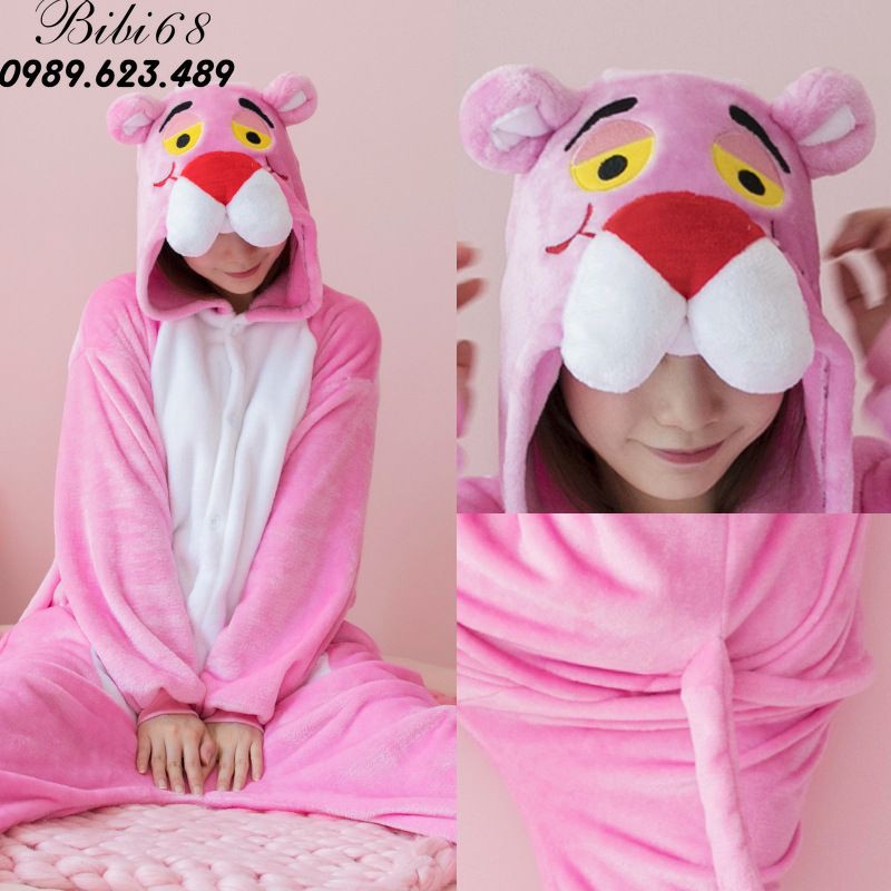 [mã BLUE5 giảm 5k] Bộ Đồ hình thú báo hồng liền thân lông mịn Pijama Cho Người Lớn và Trẻ Em Hoạt Hình Cosplay