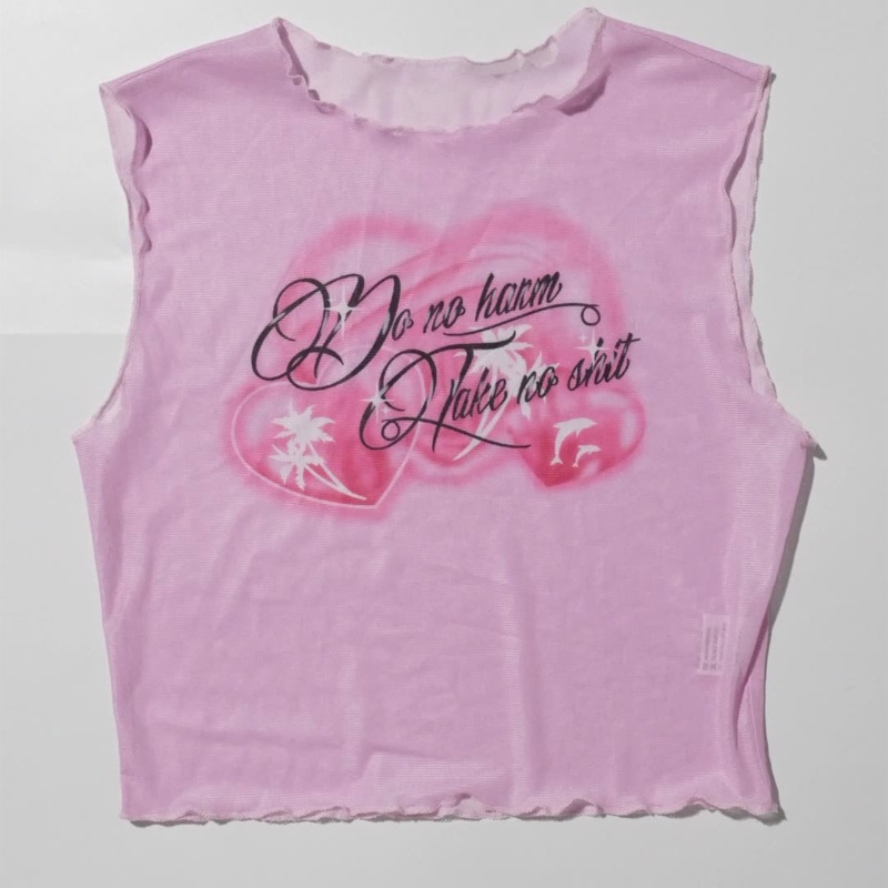 Brroa Áo Crop Top Sát Nách Mini Viền Bèo Nhún Họa Tiết Trái Tim In Chữ Phối Lưới Ngọt