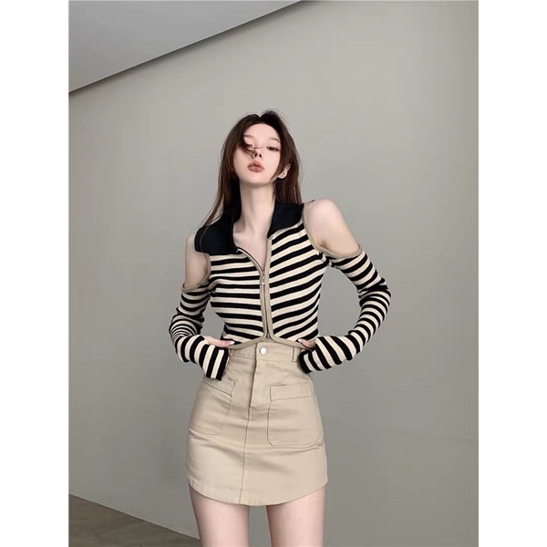 áo len dệt kim cổ bẻ kéo khoá kiểu hở vai (50058#)