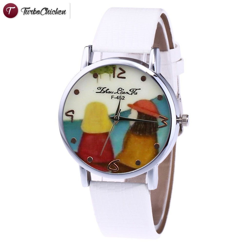 #Đồng hồ đeo tay# Fashion Couple Watches Simple Quartz Watch Leather Band Round Dial Cute Cartoon Printed Casual Watches
