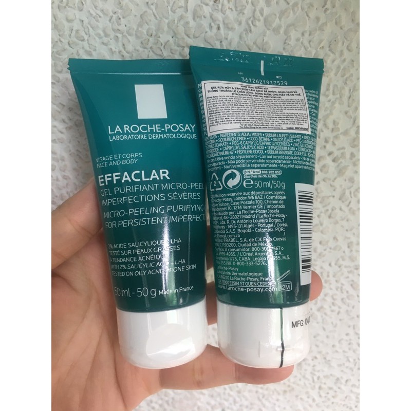 GEL RỬA MẶT & TẮM 50ml Làm Sạch,Giảm Mụn,Thâm Sẹo.Ngăn Ngừa Mụn Tái Phát Laroche Effaclar Micro-Peeling Gel ( la roche)