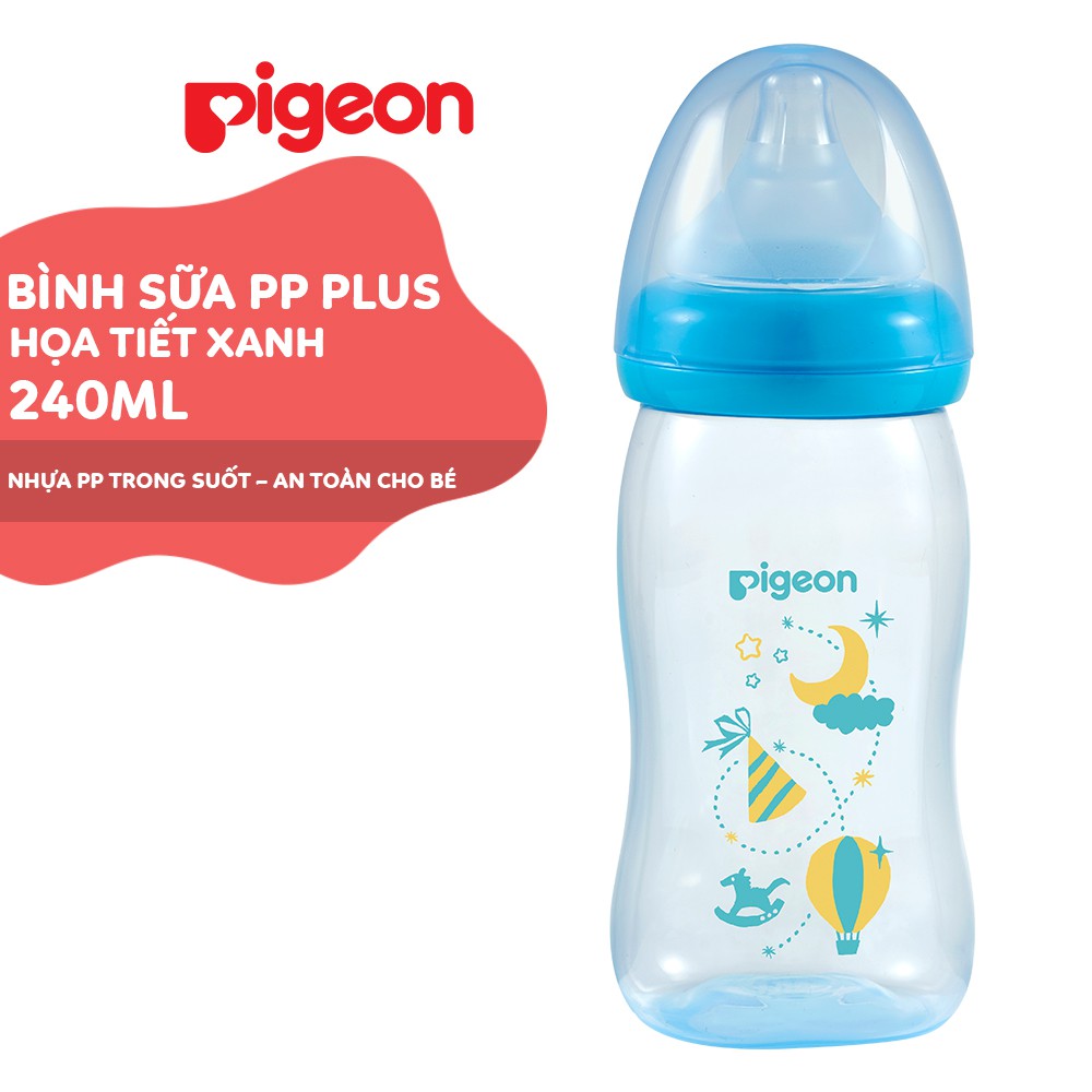 Bình sữa cổ rộng PP Plus họa tiết xanh/hồng Pigeon 240ml (M)