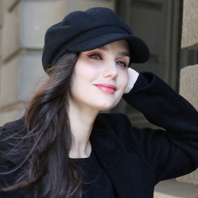 Women Wool Cotton Blend Berets,Winter Autumn Octagonal Painter Cap,Solid Soft Fashion Hat